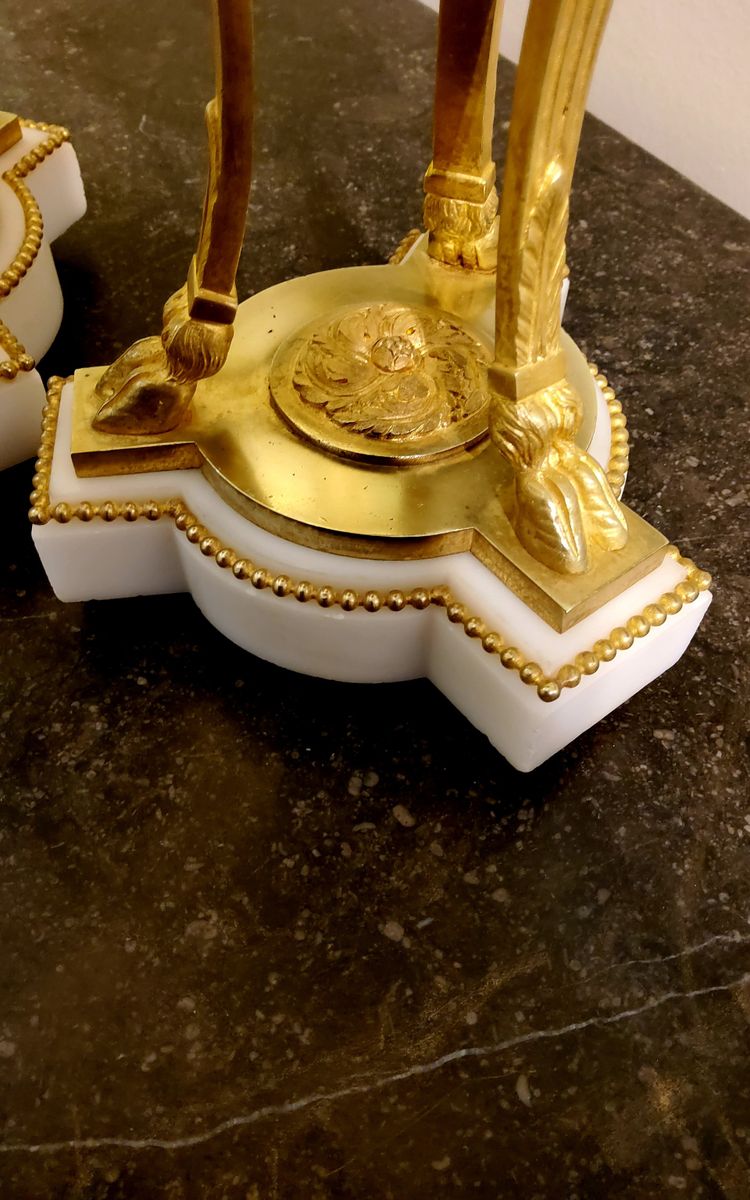 Pair of gilded bronze and white marble Cassolettes Trépied with satyrs in the Louis XVI style