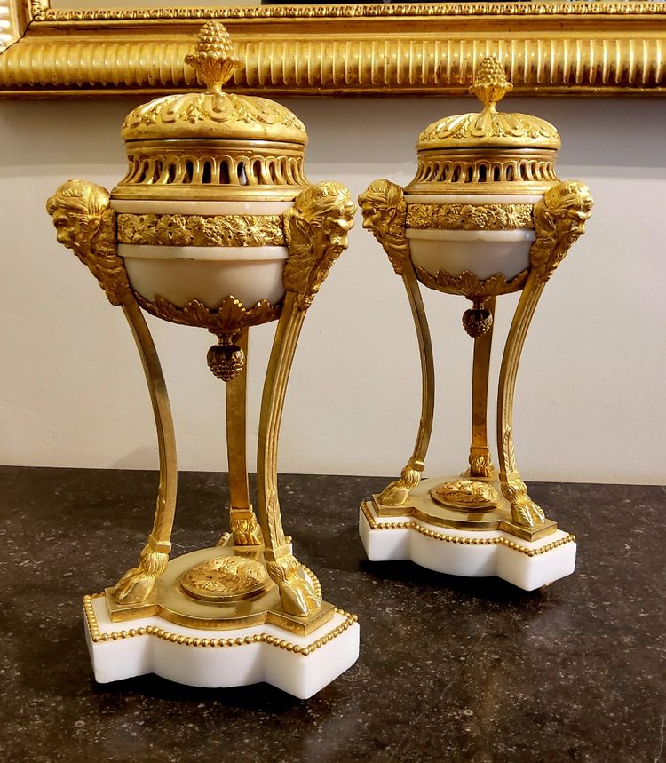 Pair of gilded bronze and white marble Cassolettes Trépied with satyrs in the Louis XVI style