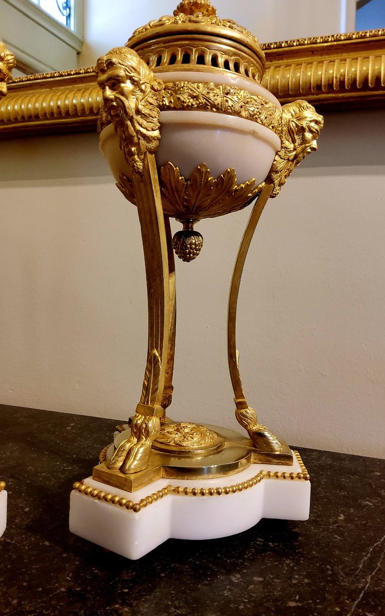 Pair of gilded bronze and white marble Cassolettes Trépied with satyrs in the Louis XVI style