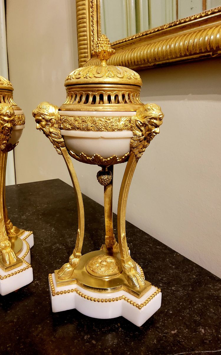 Pair of gilded bronze and white marble Cassolettes Trépied with satyrs in the Louis XVI style