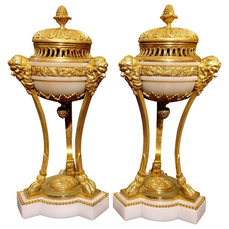 Pair of gilded bronze and white marble Cassolettes Trépied with satyrs in the Louis XVI style