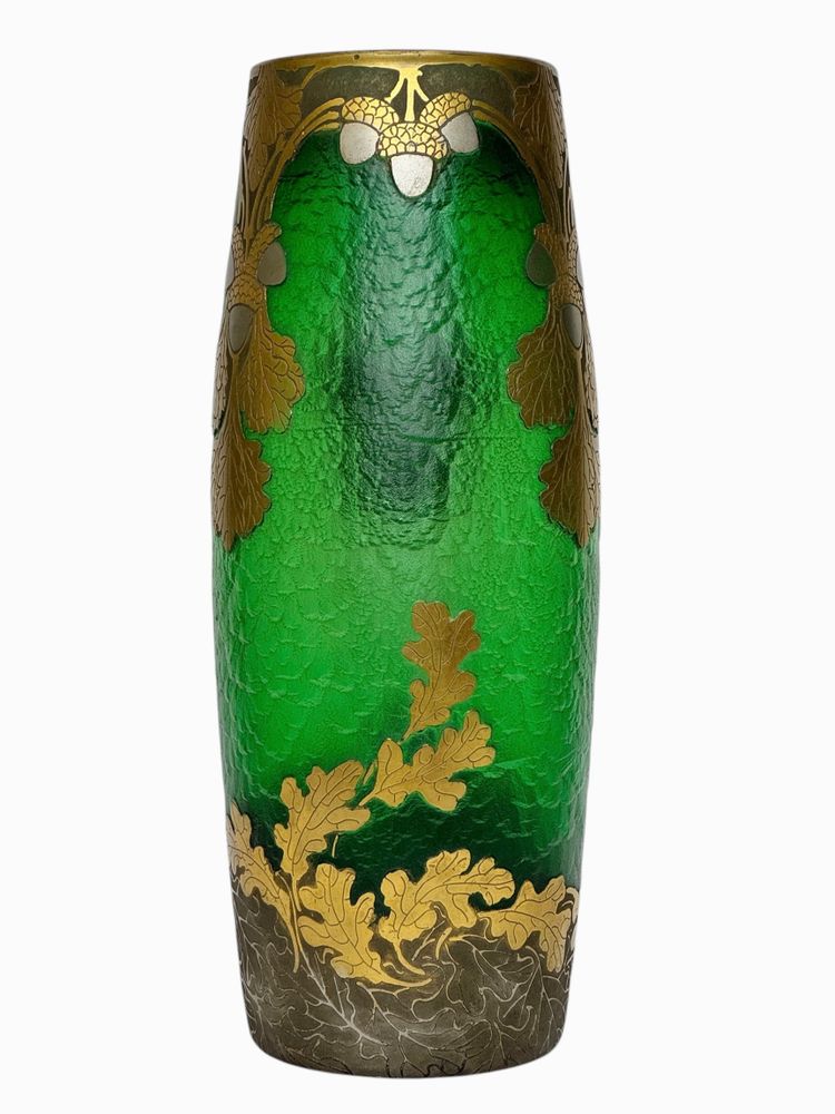 Legras Imperial Green Series vase with oak leaf design