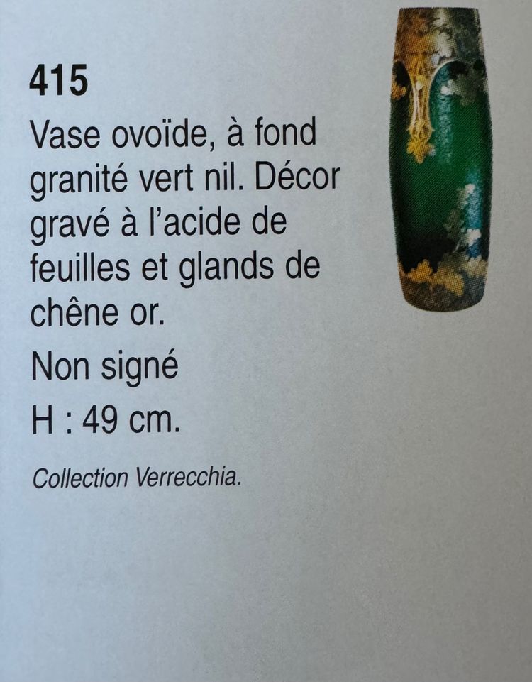 Legras Imperial Green Series vase with oak leaf design