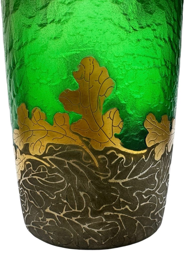 Legras Imperial Green Series vase with oak leaf design