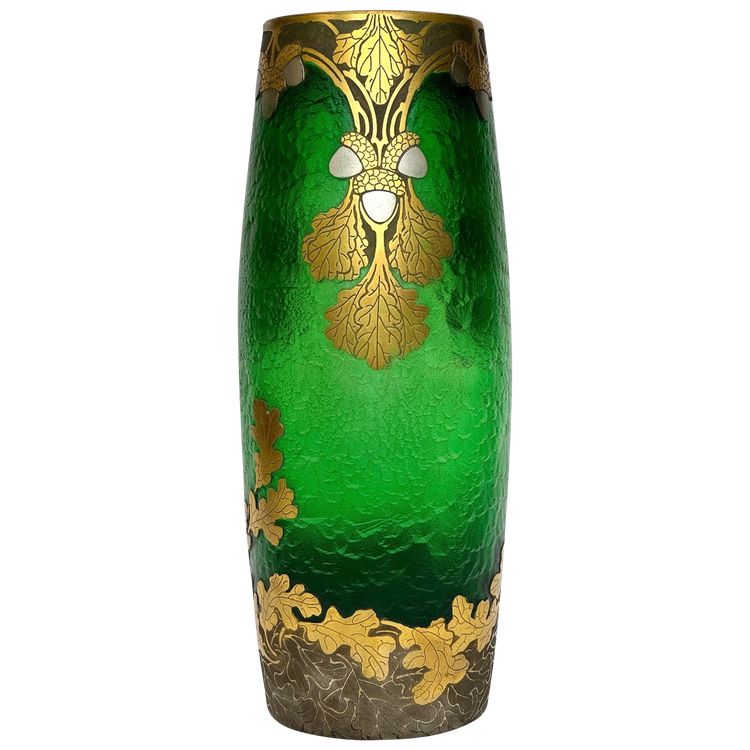 Legras Imperial Green Series vase with oak leaf design