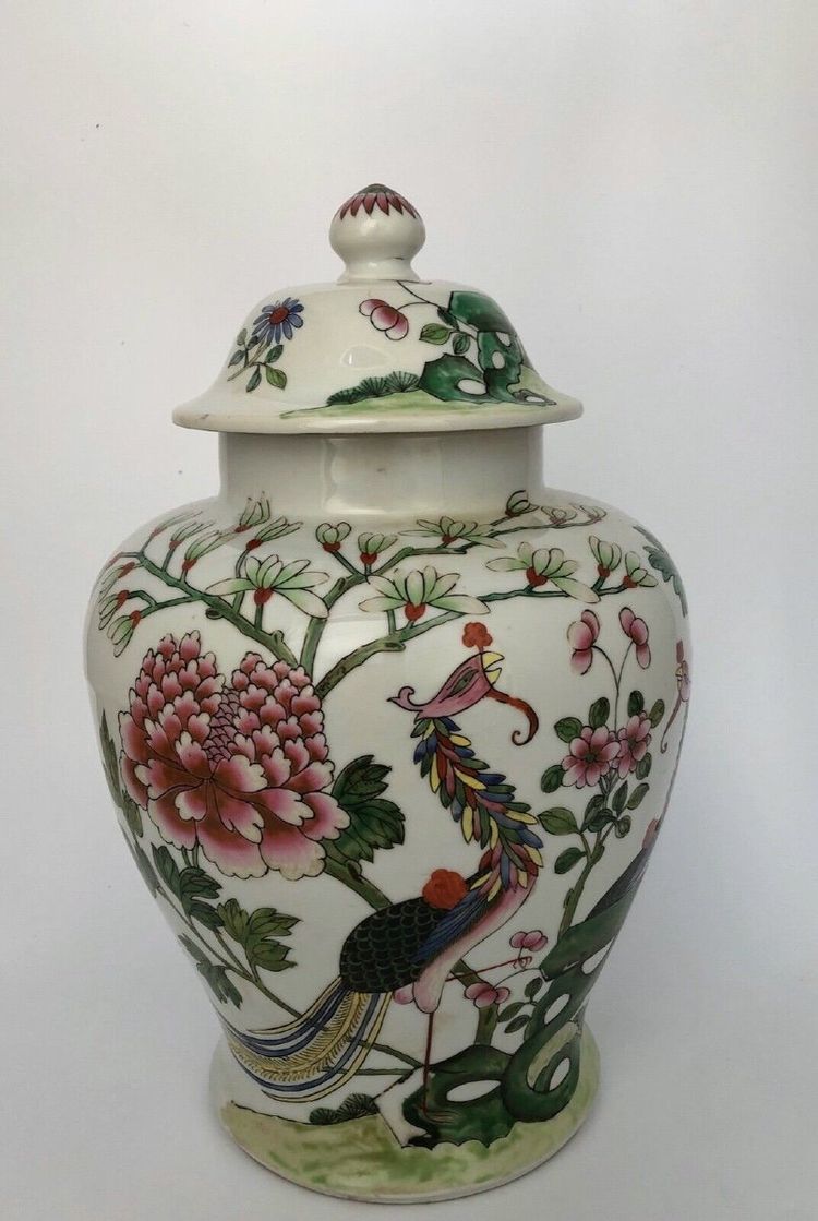 Potiche China Indochina XIX. Jahrhundert Porzellan Pfingstrosendekor Vogelpaar