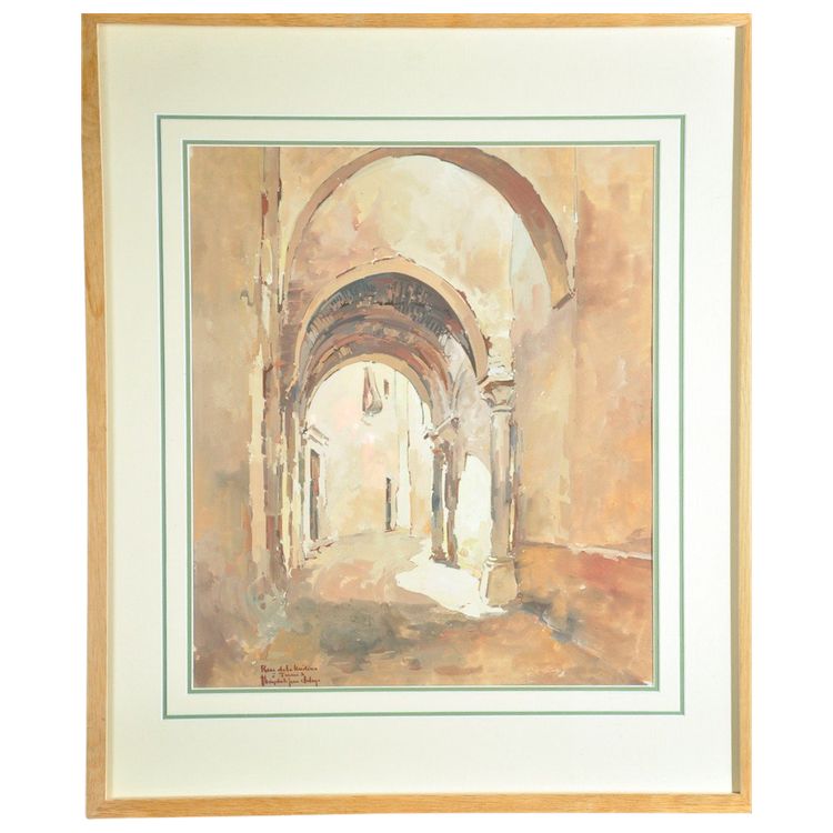 Gouache signée Théodore Jean Délaye représentant une rue voûtée