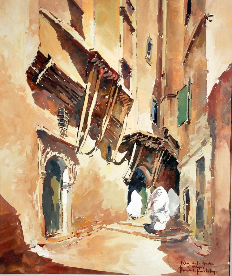 Signierte Gouache Théophile Jean Delaye, die eine belebte Straßenszene darstellt