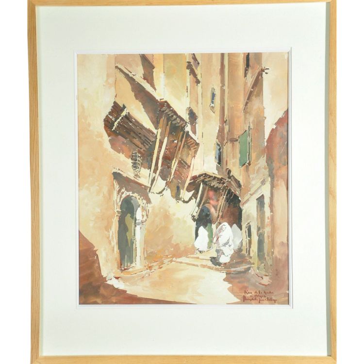 Signierte Gouache Théophile Jean Delaye, die eine belebte Straßenszene darstellt