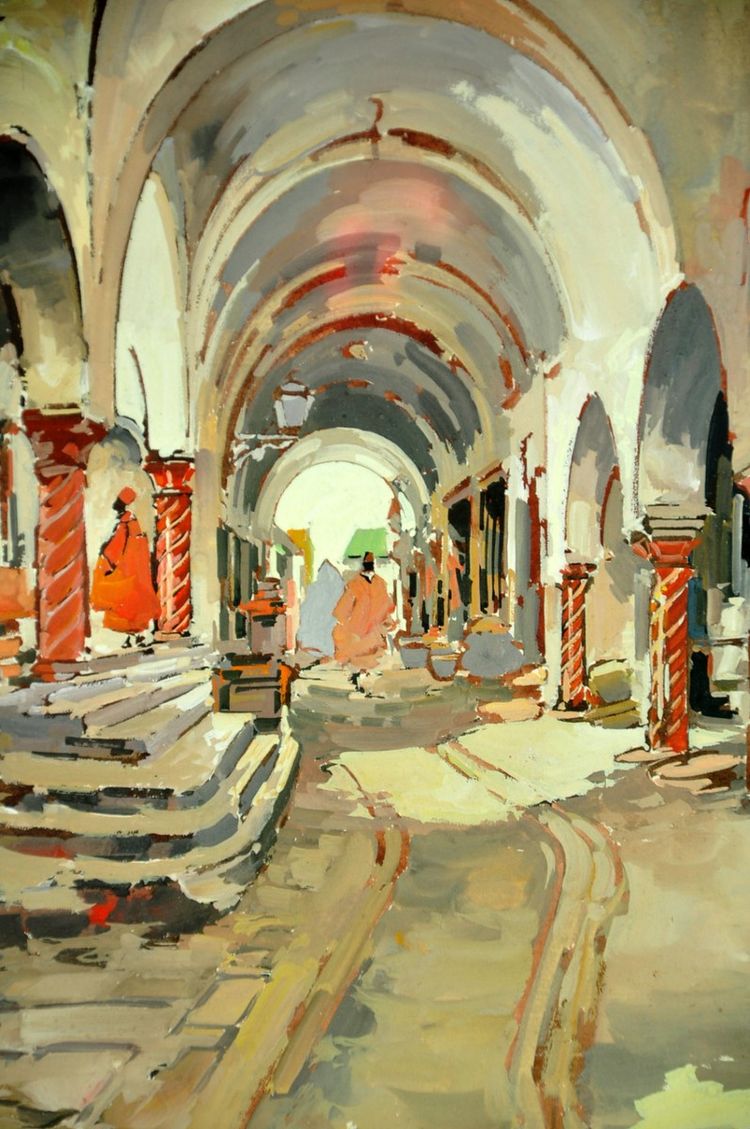 Gouache signed Théophile Jean Delaye depicting a busy souk