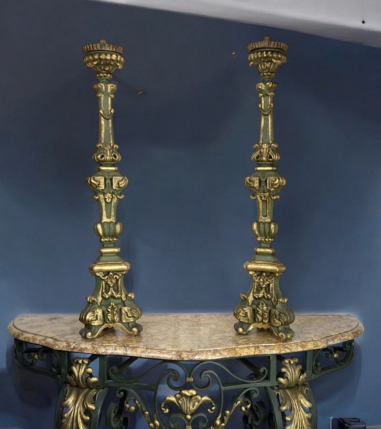 PAIR OF LOUIS XIV PERIOD LARGE GILDED AND PAINTED WOOD CIERGES FROM THE 17th CENTURY