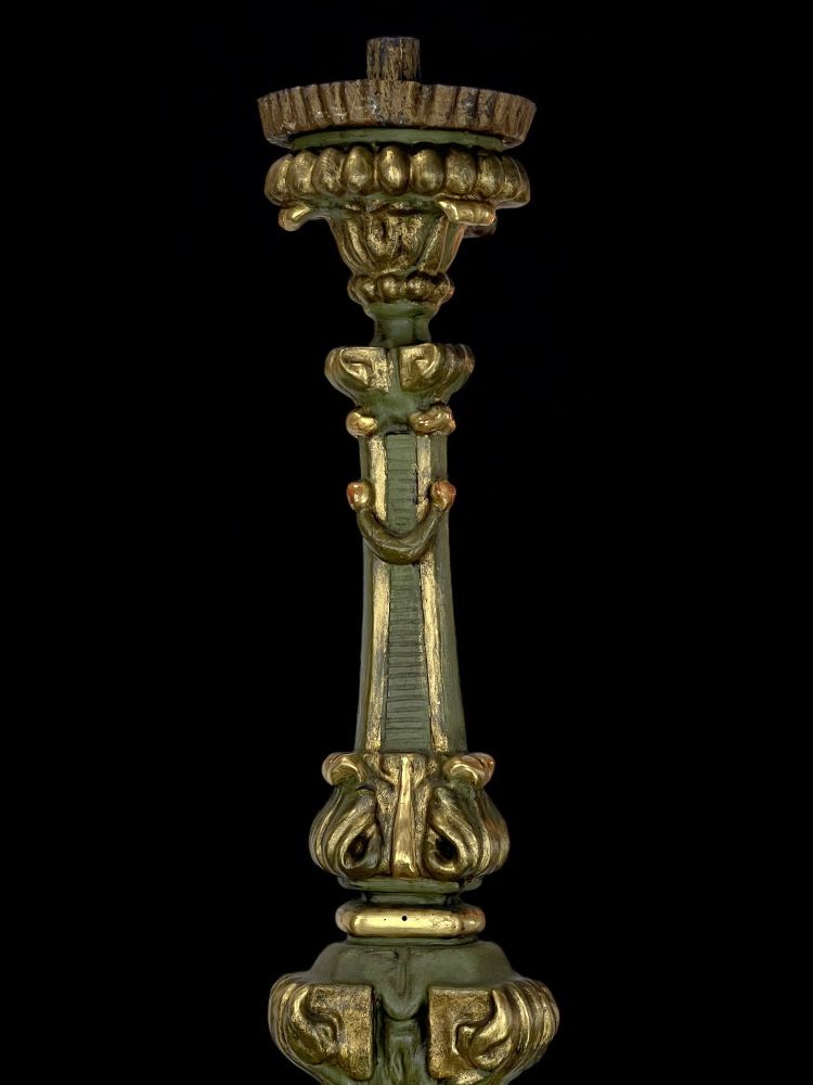 PAIR OF LOUIS XIV PERIOD LARGE GILDED AND PAINTED WOOD CIERGES FROM THE 17th CENTURY