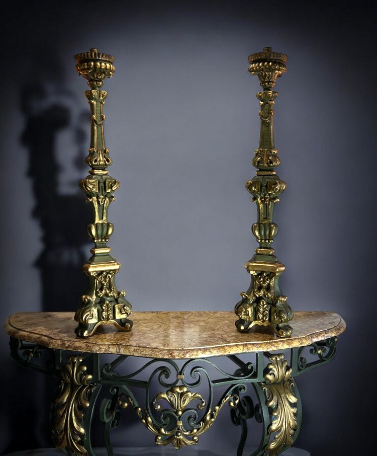 PAIR OF LOUIS XIV PERIOD LARGE GILDED AND PAINTED WOOD CIERGES FROM THE 17th CENTURY