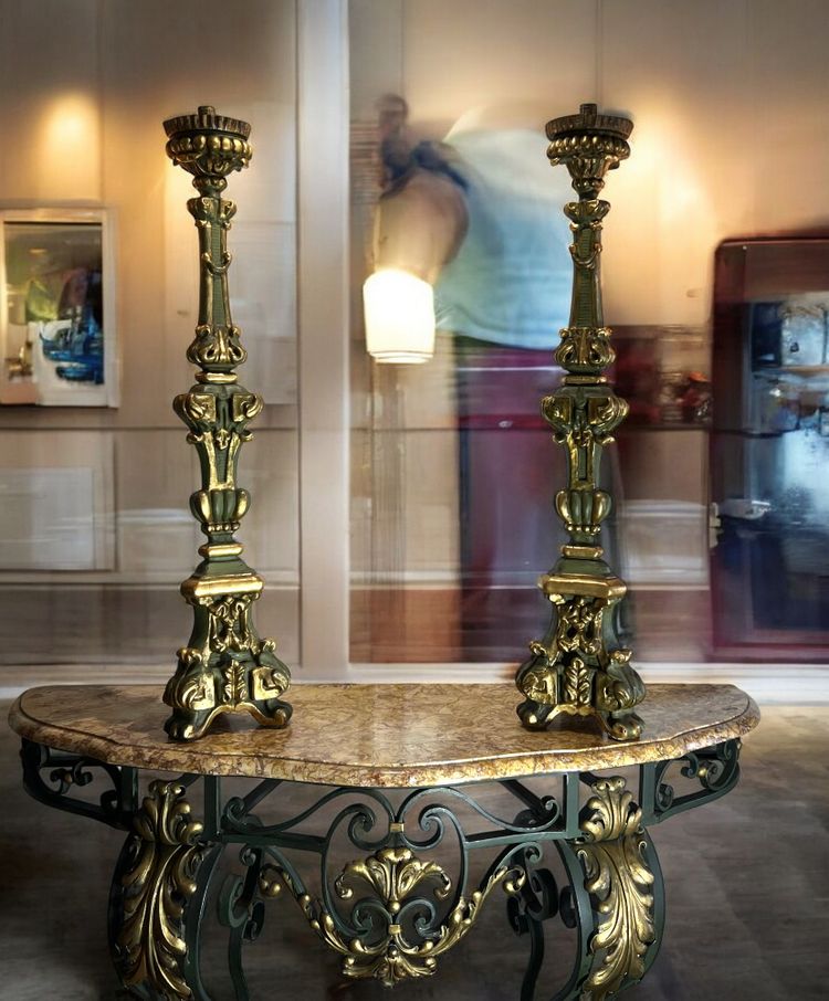 PAIR OF LOUIS XIV PERIOD LARGE GILDED AND PAINTED WOOD CIERGES FROM THE 17th CENTURY