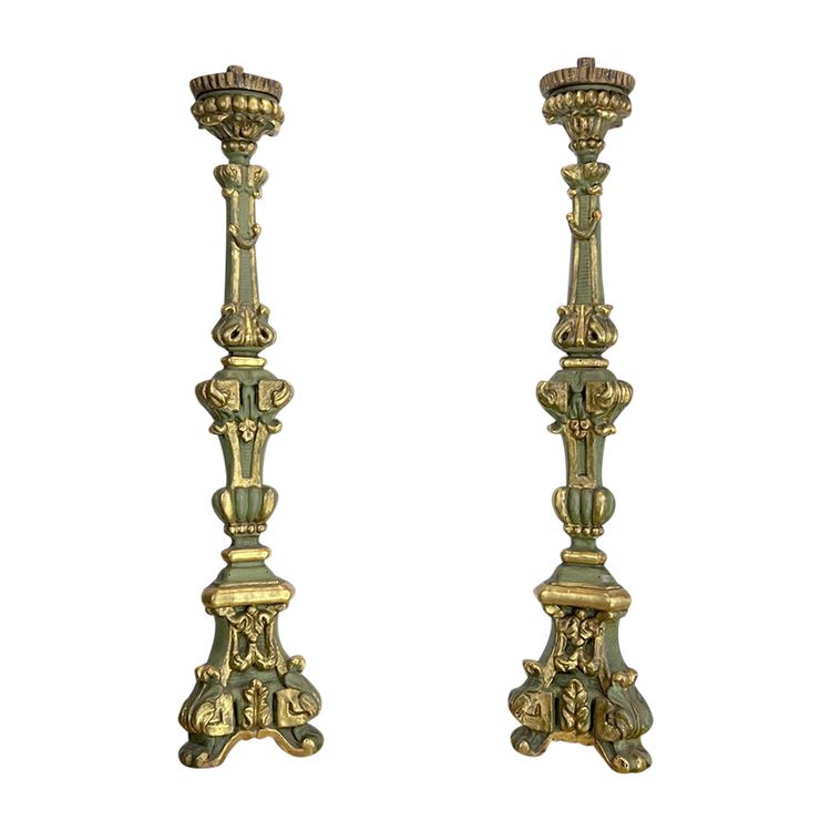 PAIR OF LOUIS XIV PERIOD LARGE GILDED AND PAINTED WOOD CIERGES FROM THE 17th CENTURY