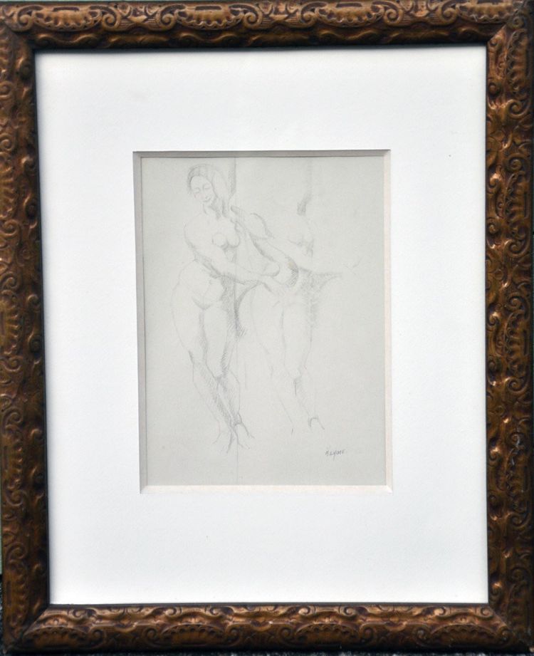 Drawing Leda and the Swan signed André Lothe Art Deco frame