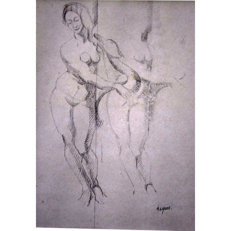 Drawing Leda and the Swan signed André Lothe Art Deco frame