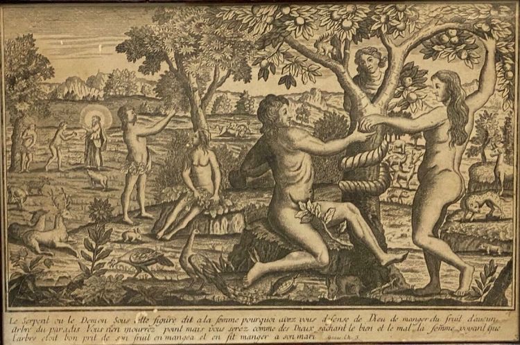 Eighteenth-century engraving Adam and Eve Temptation Sin Genesis Chapter 3 Basset