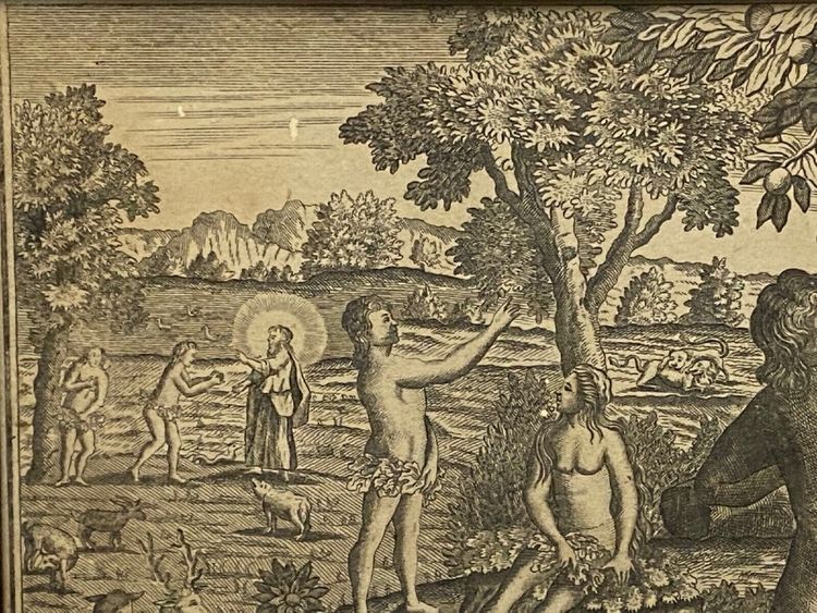 Eighteenth-century engraving Adam and Eve Temptation Sin Genesis Chapter 3 Basset