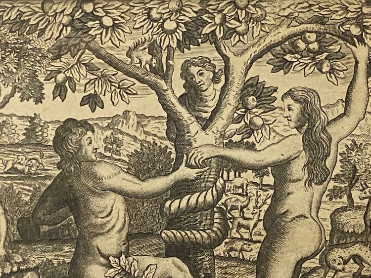 Eighteenth-century engraving Adam and Eve Temptation Sin Genesis Chapter 3 Basset