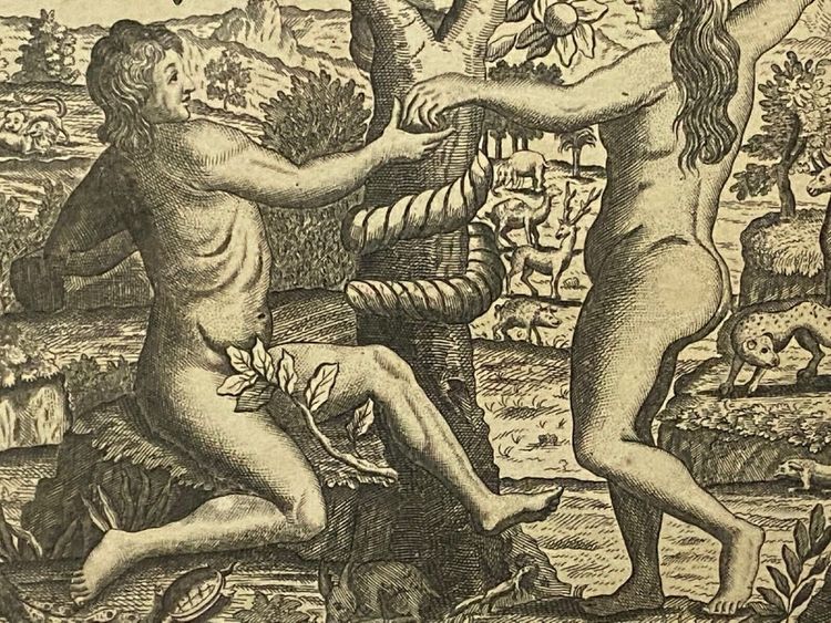 Eighteenth-century engraving Adam and Eve Temptation Sin Genesis Chapter 3 Basset
