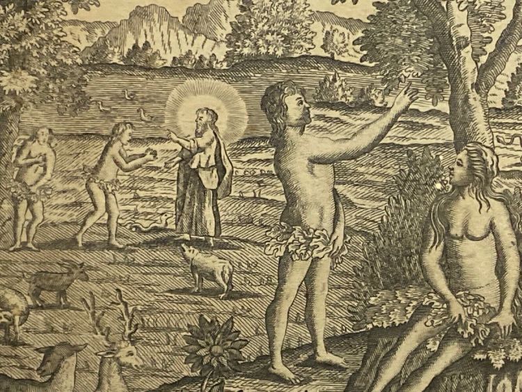 Eighteenth-century engraving Adam and Eve Temptation Sin Genesis Chapter 3 Basset