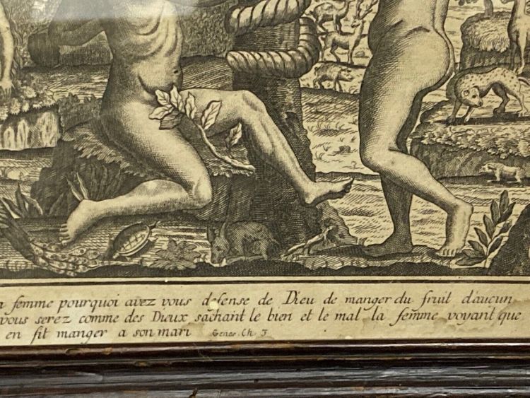 Eighteenth-century engraving Adam and Eve Temptation Sin Genesis Chapter 3 Basset