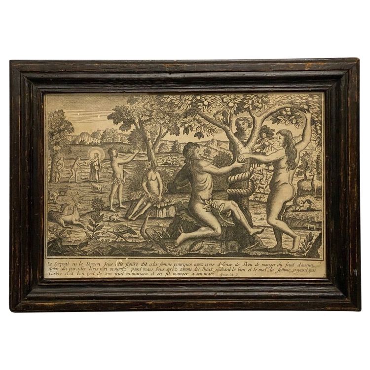 Eighteenth-century engraving Adam and Eve Temptation Sin Genesis Chapter 3 Basset