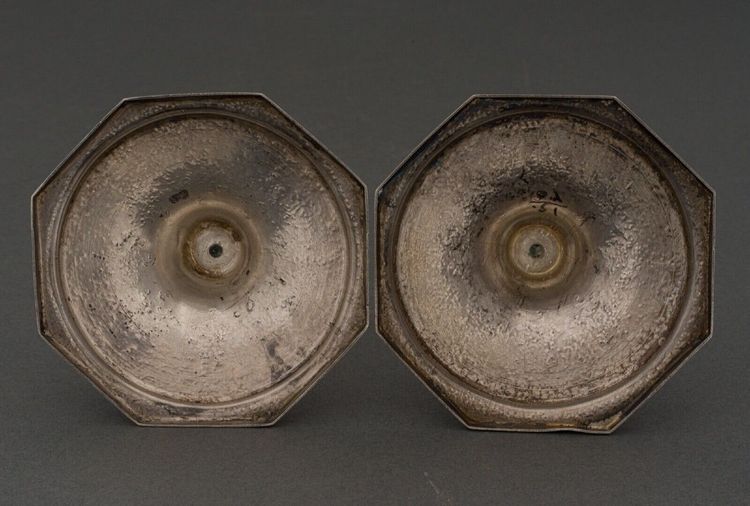 Pair of 19th century Persian silver candlesticks, engraved with bird design, hallmarked 84