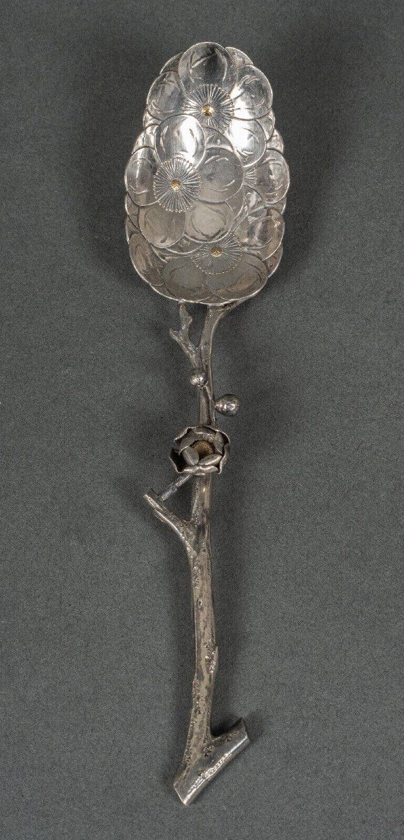 Dessert spoon silver initials SM naturalist branch 64 grams