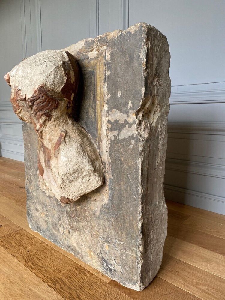 Sculpture, profile of a man with hair, face, stone, direct cut 20th century