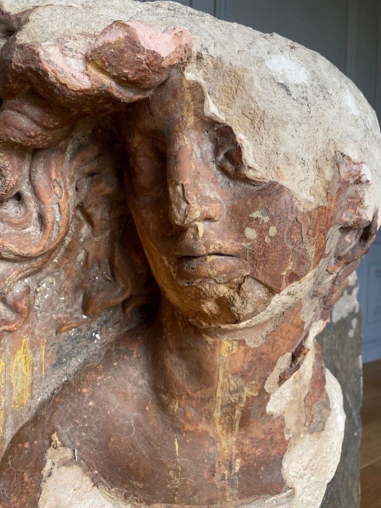 Sculpture, profile of a man with hair, face, stone, direct cut 20th century