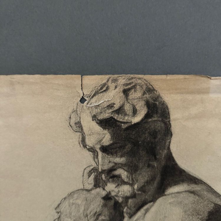 Charcoal drawing of Beaux-Arts man carrying a child by Berger-Lheureux