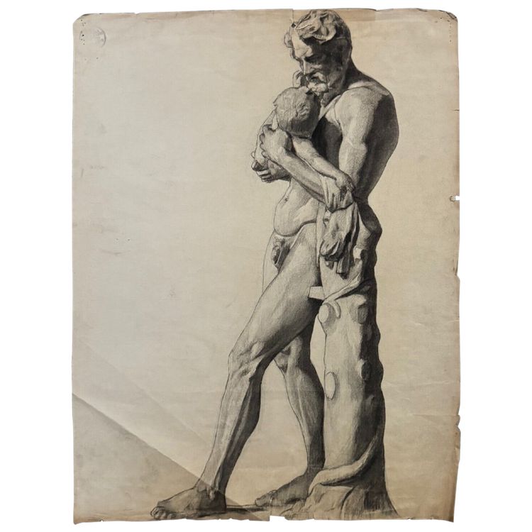 Charcoal drawing of Beaux-Arts man carrying a child by Berger-Lheureux