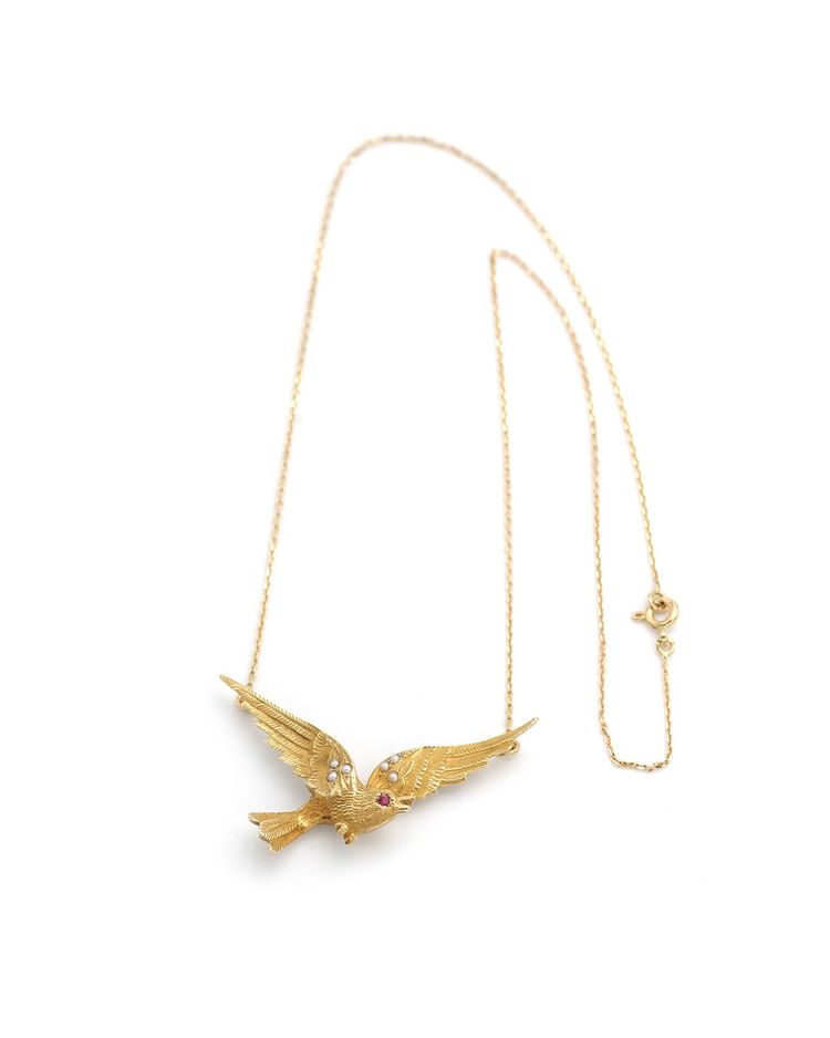 18 Karat Gold Rubin Vogel Halskette, Rubin, Halbperlen, Retro-Schmuck, Vintage Gold Halskette, Retro-Schmuck 