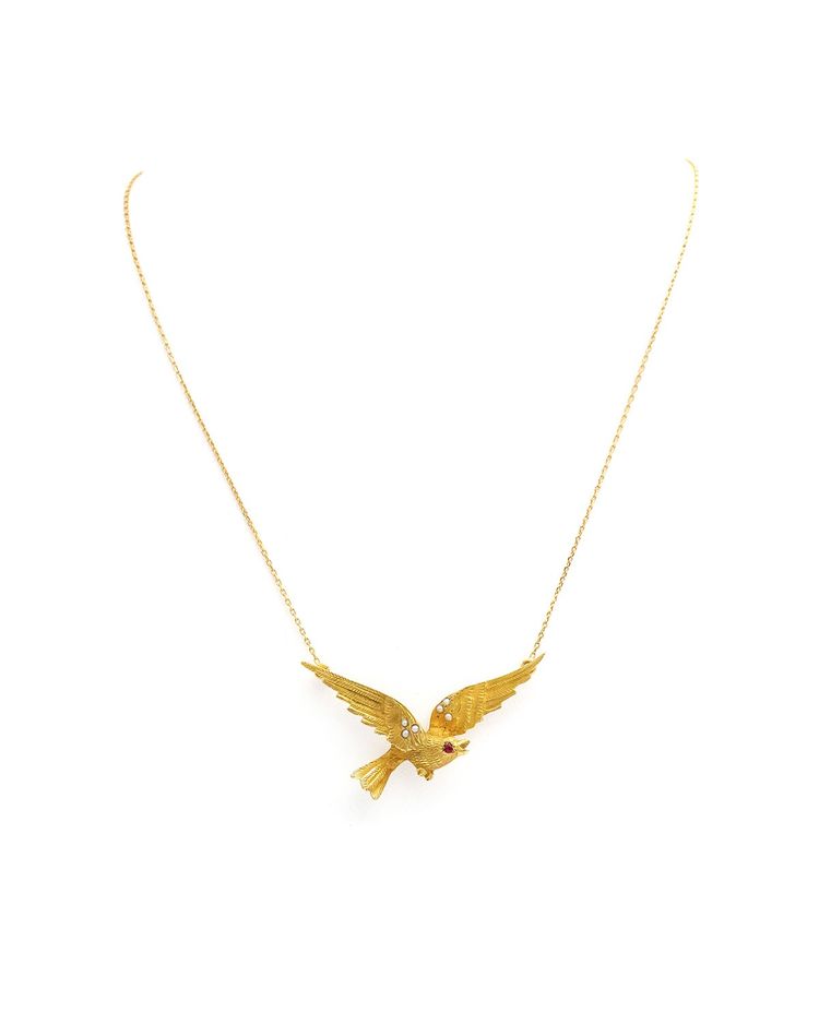 18 Karat Gold Rubin Vogel Halskette, Rubin, Halbperlen, Retro-Schmuck, Vintage Gold Halskette, Retro-Schmuck 