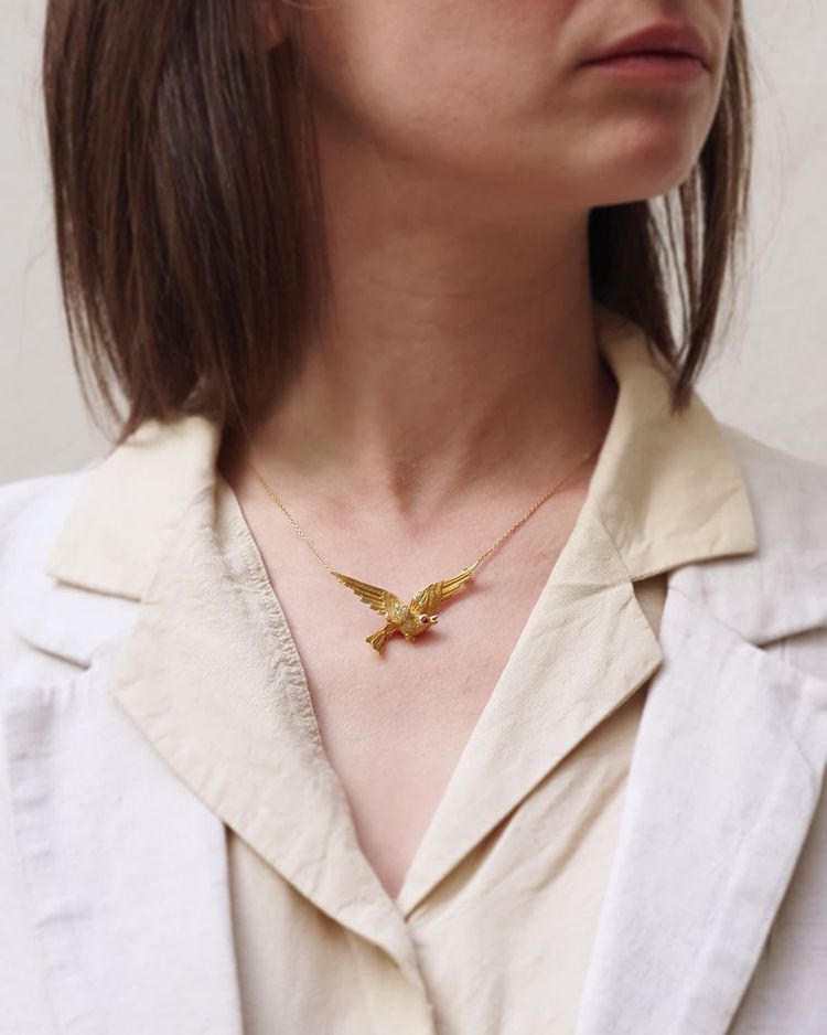 18 Karat Gold Rubin Vogel Halskette, Rubin, Halbperlen, Retro-Schmuck, Vintage Gold Halskette, Retro-Schmuck 