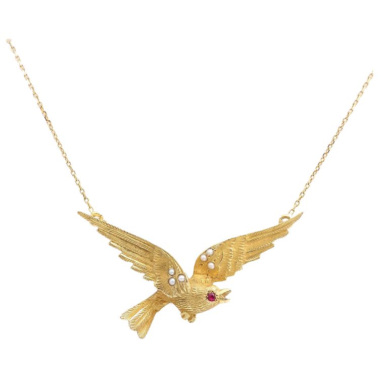 18 Karat Gold Rubin Vogel Halskette, Rubin, Halbperlen, Retro-Schmuck, Vintage Gold Halskette, Retro-Schmuck 