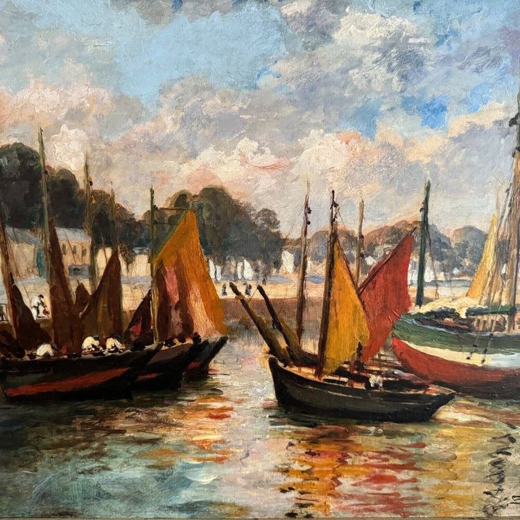 Öl auf Karton von Henri Malfroy-Savigny Fischereihafen