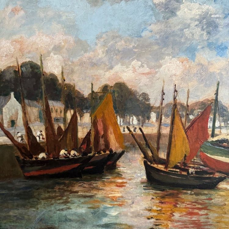 Öl auf Karton von Henri Malfroy-Savigny Fischereihafen