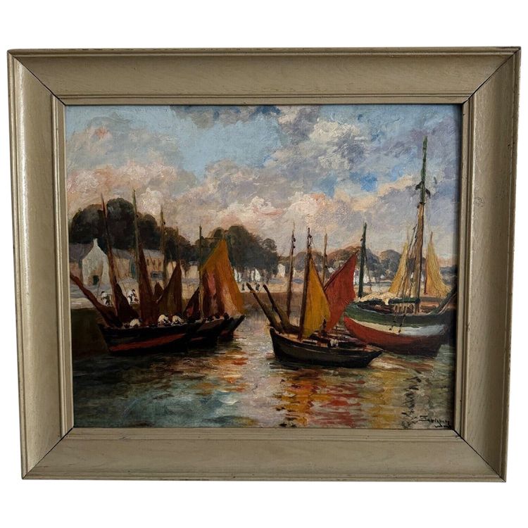 Öl auf Karton von Henri Malfroy-Savigny Fischereihafen