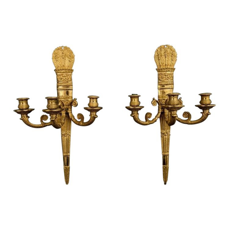 Paar Wandleuchten mit Palmetten aus vergoldeter Bronze 3 Leuchten Restauration XIX.