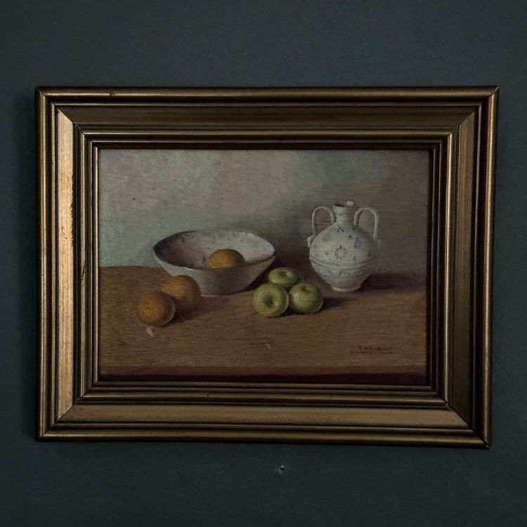 Oil on panel still life with fruit and earthenware jug by Redonde XXe
