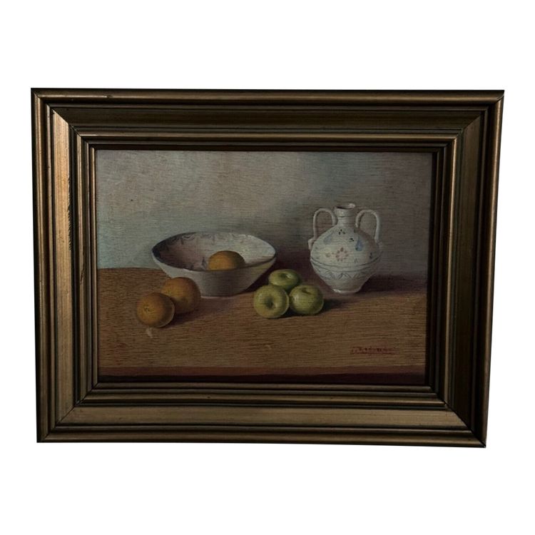 Oil on panel still life with fruit and earthenware jug by Redonde XXe