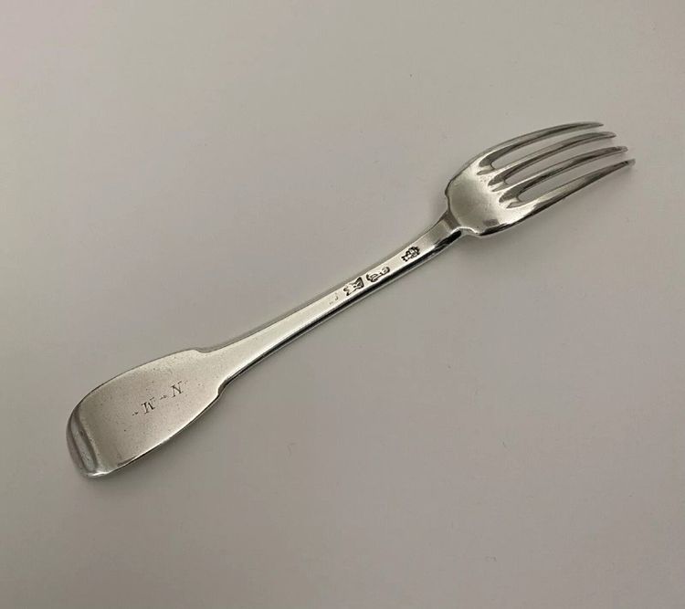 18th century solid silver fork, hallmarked by the general farmers, monogram NM