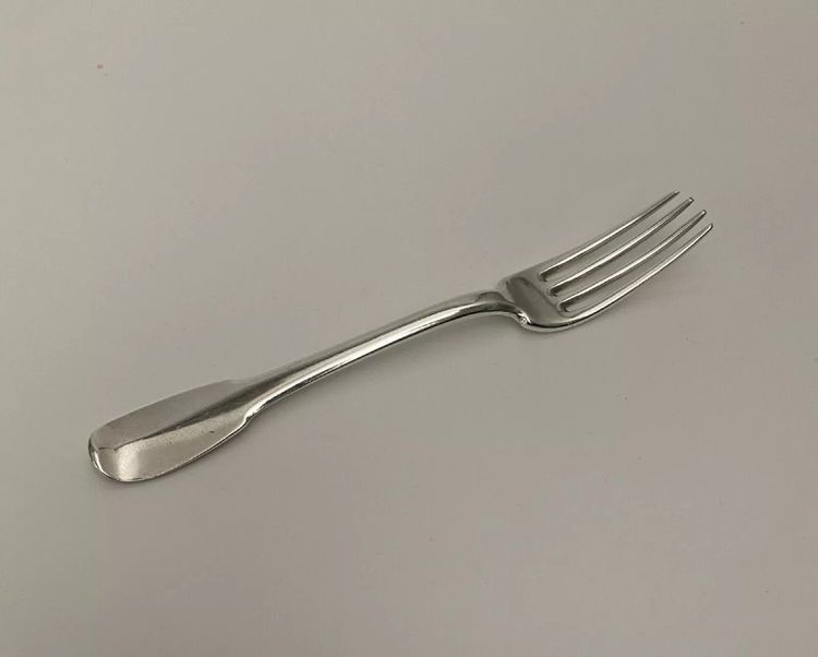 18th century solid silver fork, hallmarked by the general farmers, monogram NM