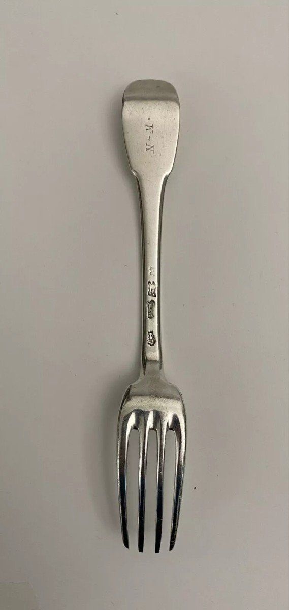 18th century solid silver fork, hallmarked by the general farmers, monogram NM