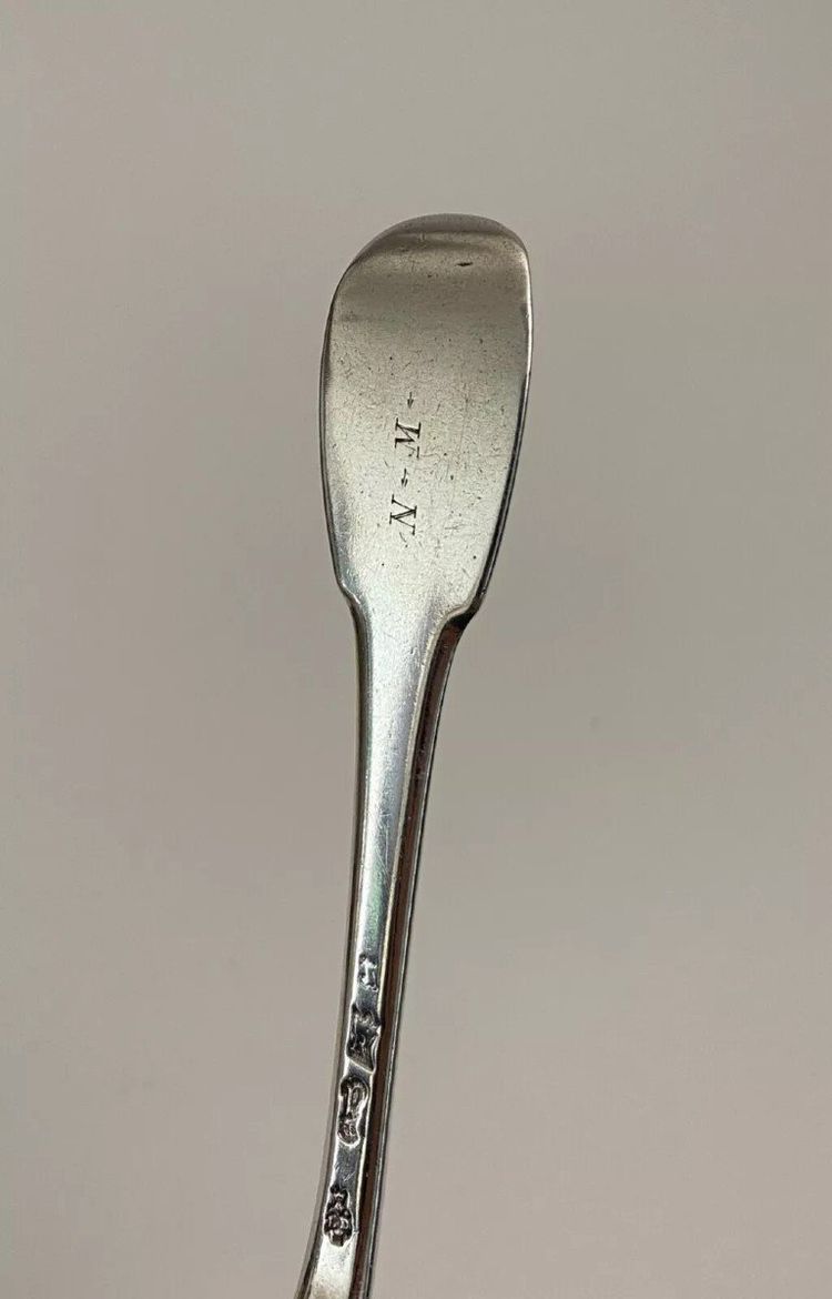 18th century solid silver fork, hallmarked by the general farmers, monogram NM