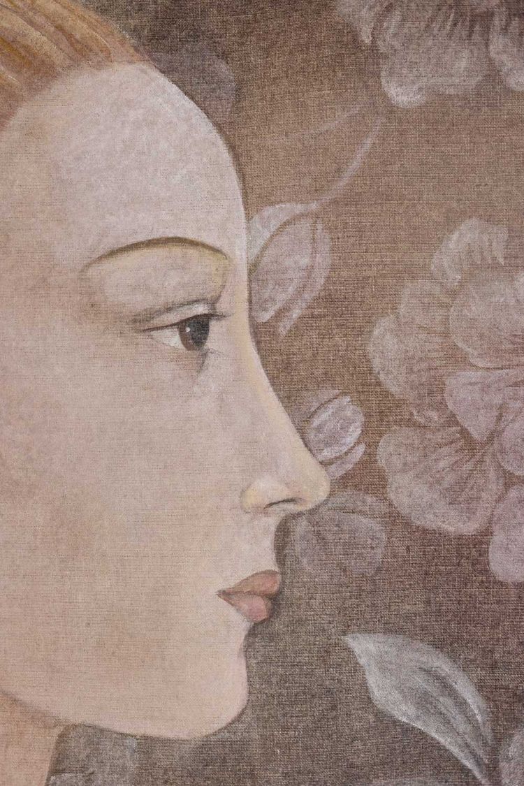 Painted canvas depicting an Italian Renaissance-style portrait. Reference: LS6335B671M