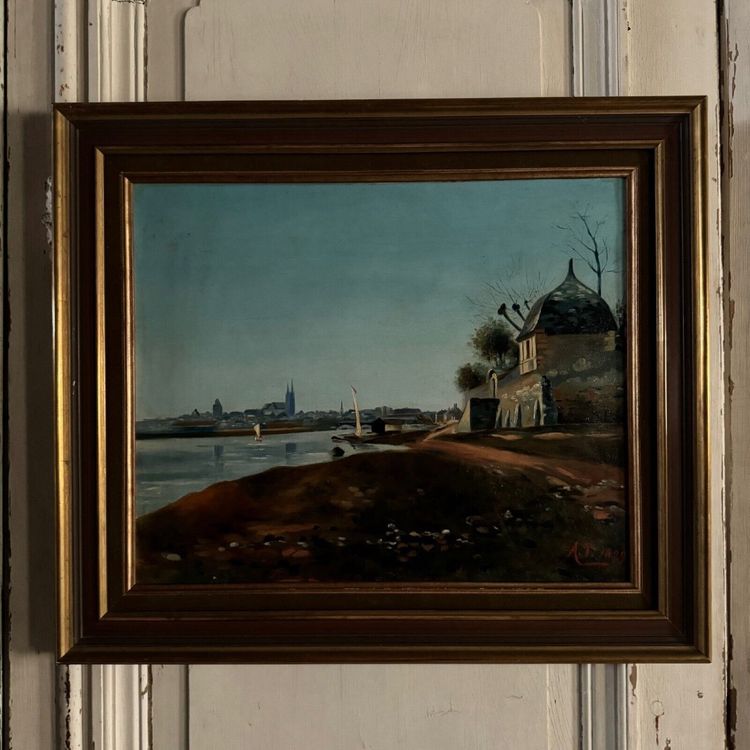 Olio su tela, riva del fiume, fine del XIX secolo, monogramma AT